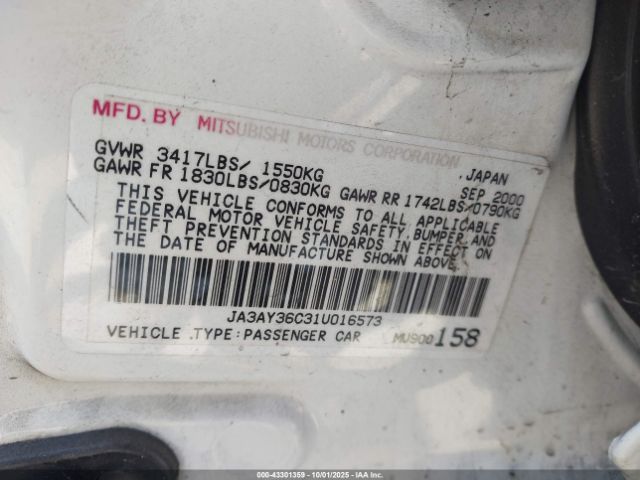 2001 MITSUBISHI MIRAGE JA3AY36C31U016573 Photo 8