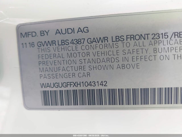 Aukcja sprzedaży 2017 Audi A3 2.0t Premium, vin: WAUGUGFFXH1043142, numer aukcji: 43301390