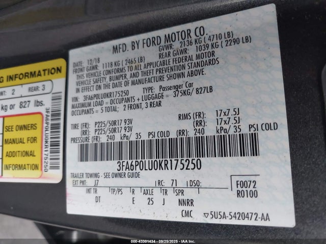 Ford Fusion 2019 3FA6P0LU0KR175250 Image 9