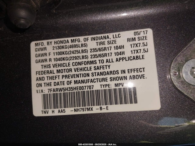 Honda k24w9/k24v9 2017 7FARW5H35HE007707 Image 9