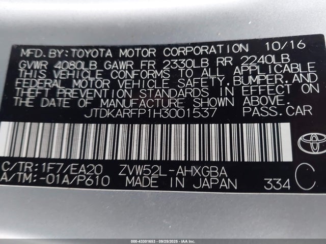 Toyota 2zr-fxe+1nm 2017 JTDKARFP1H3001537 Image 9