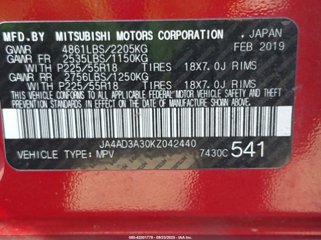 2019 MITSUBISHI OUTLANDER JA4AD3A30KZ042440 Photo 8