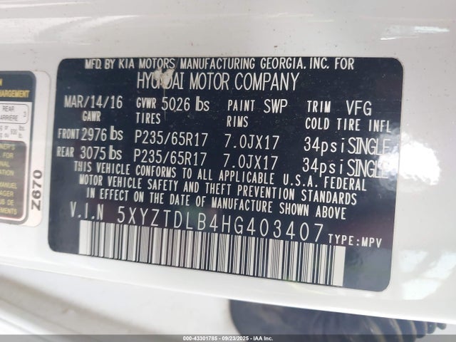 5XYZTDLB4HG403407 Hyundai gdi theta ii