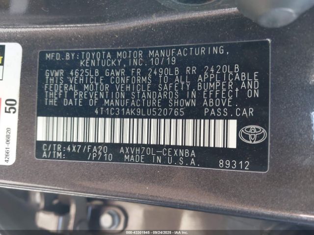 2020 TOYOTA CAMRY 4T1C31AK9LU520765 Photo 8