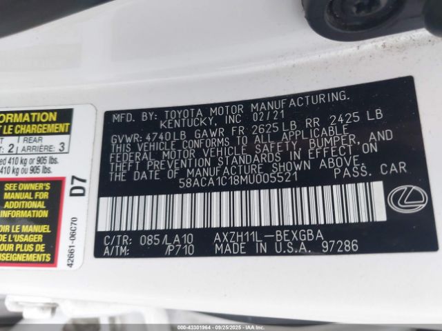 2021 LEXUS ES 300H 58ACA1C18MU005521 Photo 8