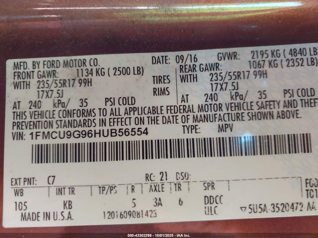 Ford 2017 2017 1FMCU9G96HUB56554 Image 9