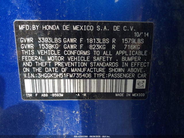 3HGGK5H51FM735406 Honda l15b1