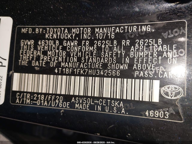 4T1BF1FK7HU342566 Toyota 2ar-fe