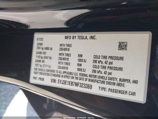 2022 TESLA MODEL 3 5YJ3E1EB7NF323369 Photo 8