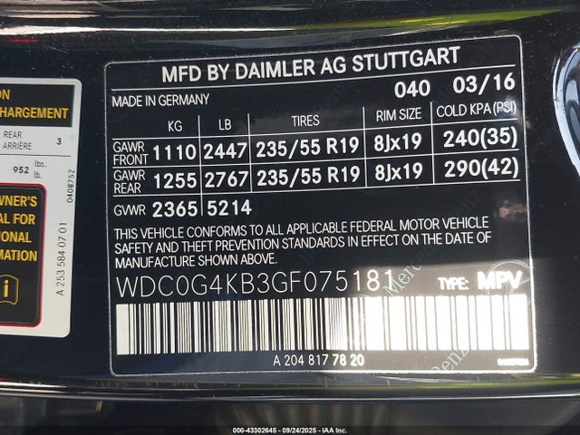 WDC0G4KB3GF075181 Mercedes-Benz m274