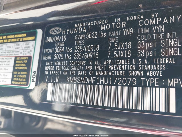 KM8SMDHF1HU172079 Hyundai gdi lambda ii