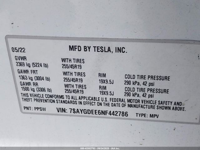 2022 TESLA MODEL Y 7SAYGDEE6NF442786 Photo 8