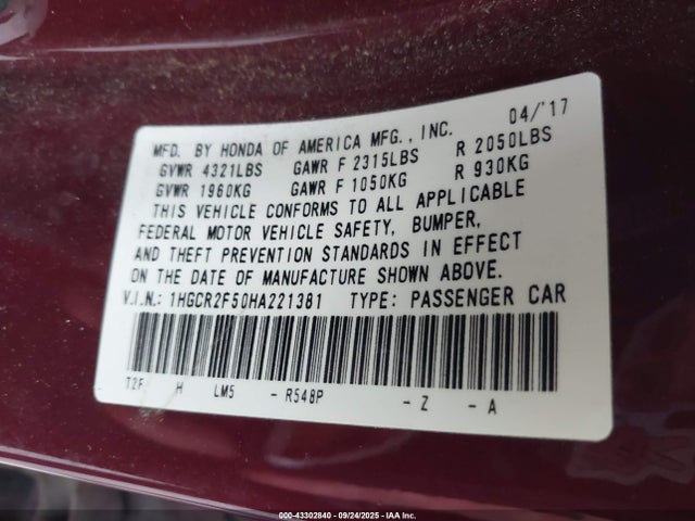 1HGCR2F50HA221381 Honda k24w1