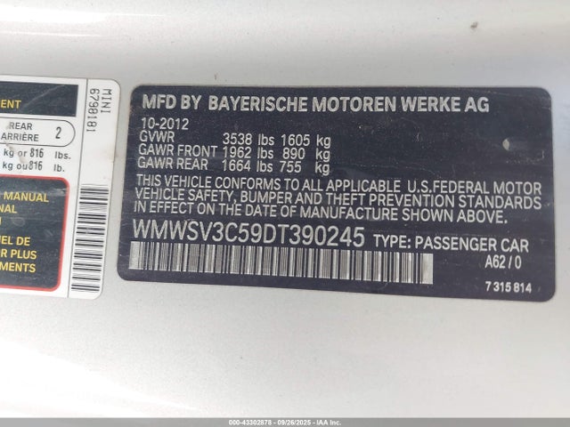 2013 MINI HARDTOP WMWSV3C59DT390245 Photo 8