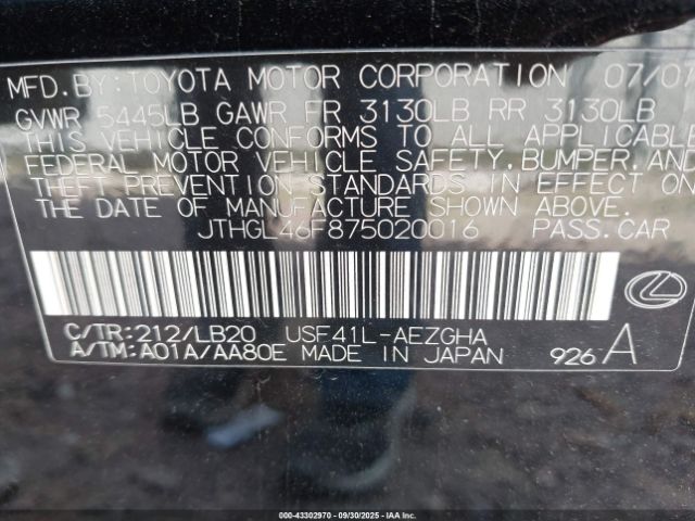 2007 LEXUS LS 460 JTHGL46F875020016 Photo 8