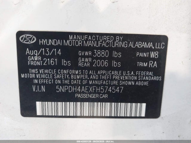 Hyundai dohc mpi nu 2015 5NPDH4AEXFH574547 Image 9