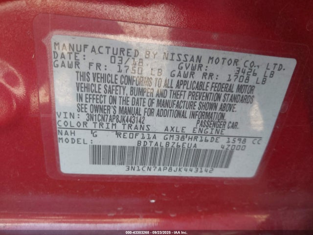 3N1CN7AP8JK443142 Nissan 2018