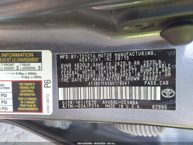 43303406 :رقم المزاد ، 4T1BD1FKXGU178041 vin ، 2016 Toyota Camry Hybrid Le مزاد بيع