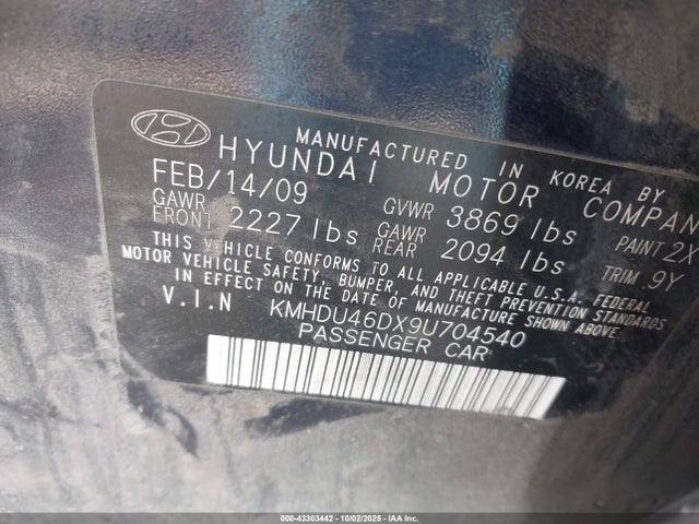 Продажа на аукционе авто 2009 Hyundai Elantra Gls, vin: KMHDU46DX9U704540, номер лота: 43303442