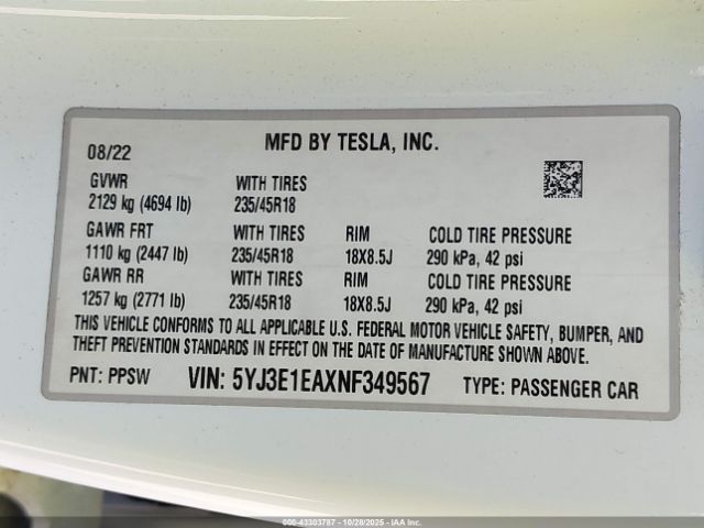 2022 TESLA MODEL 3 5YJ3E1EAXNF349567 Photo 8