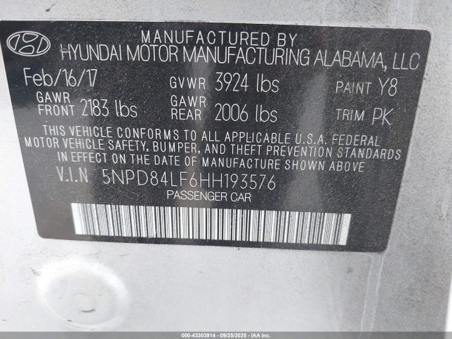 5NPD84LF6HH193576 Hyundai 2017
