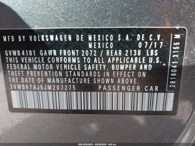 3VWB67AJ5JM207275 Volkswagen Jetta 1.4t Se/1.4t Wolfsburg Edition