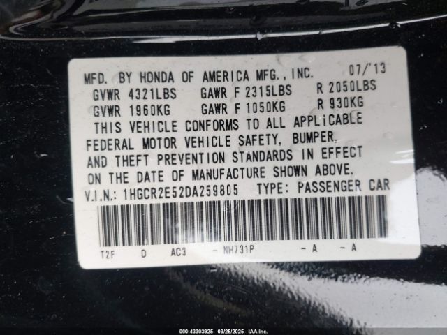 2013 HONDA ACCORD SDN 1HGCR2E52DA259805 Photo 8