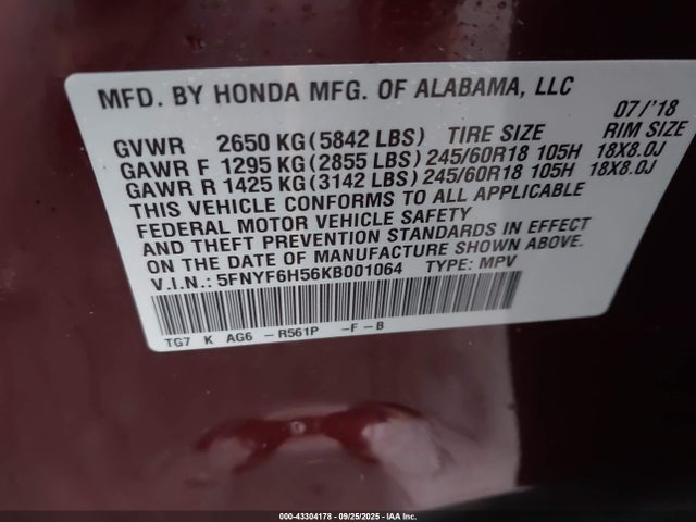 Honda Pilot Ex-l 2019 5FNYF6H56KB001064 Image 9
