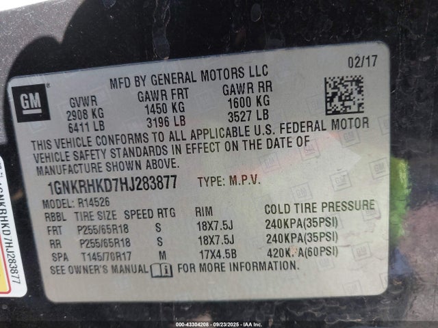 1GNKRHKD7HJ283877 Chevrolet llt - sidi: spark ignited direct injection, alum, 60 degrees