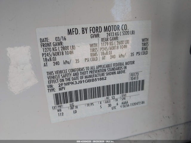 Ford 2016 2016 2FMPK3J91GBB51862 Image 9