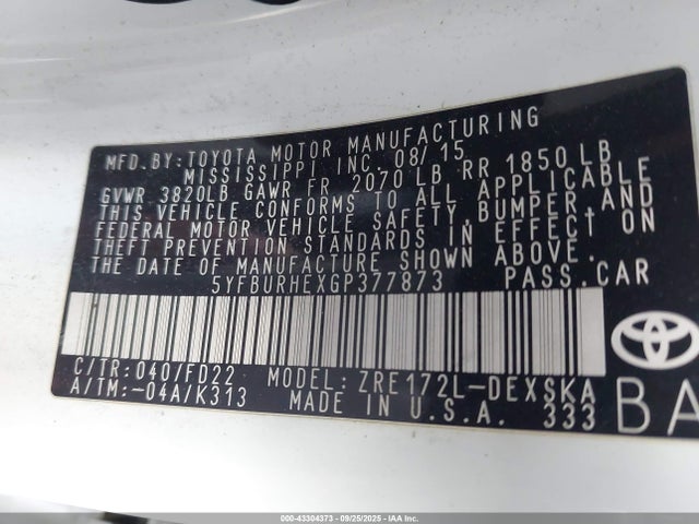 5YFBURHEXGP377873 Toyota 2zr-fe