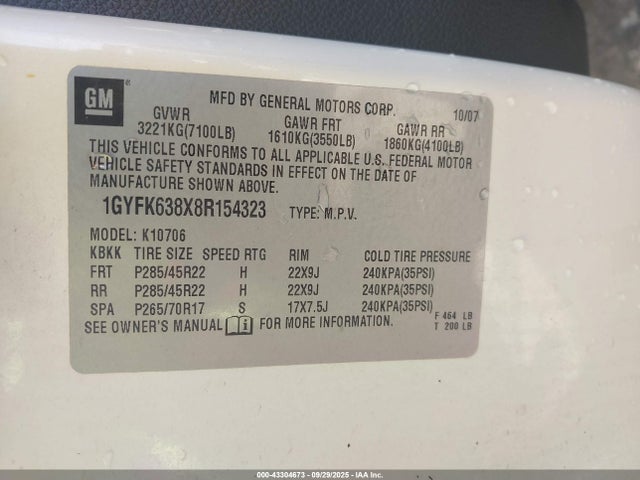 2008 CADILLAC ESCALADE 1GYFK638X8R154323 Photo 8