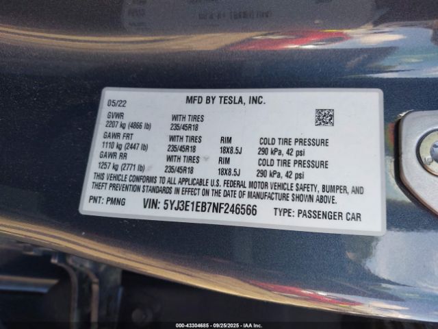 2022 TESLA MODEL 3 5YJ3E1EB7NF246566 Photo 8