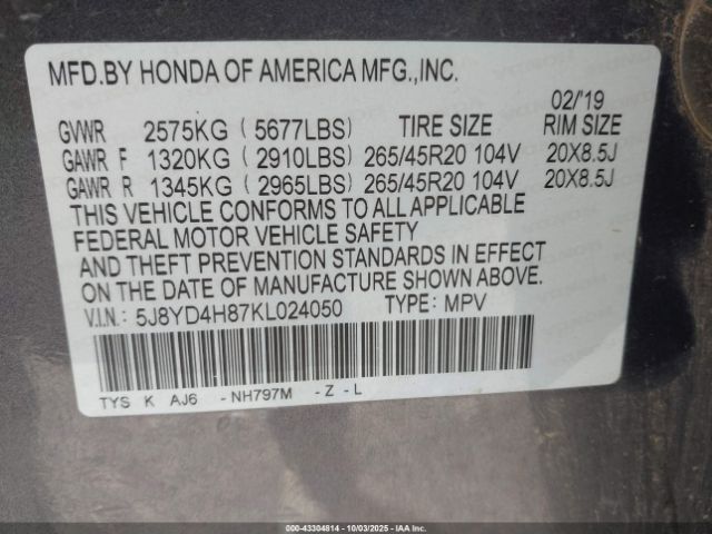 2019 ACURA MDX 5J8YD4H87KL024050 Photo 8