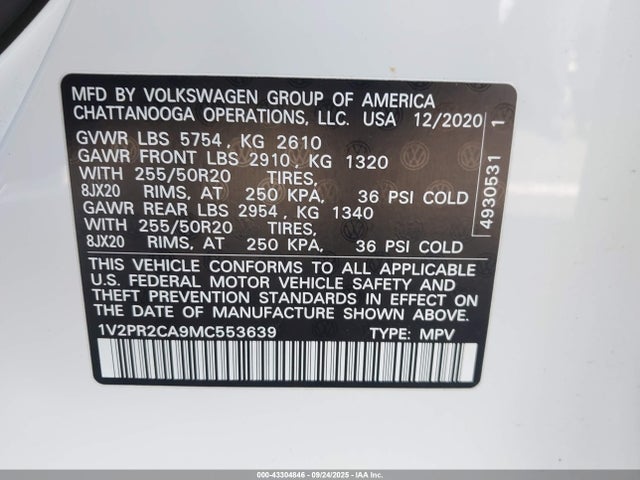 Продажа на аукционе авто 2021 Volkswagen Atlas 3.6l V6 Se W/technology R-line, vin: 1V2PR2CA9MC553639, номер лота: 43304846