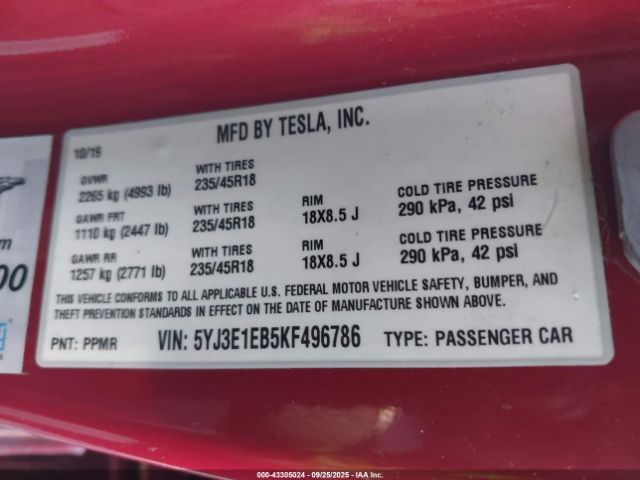 2019 TESLA MODEL 3 5YJ3E1EB5KF496786 Photo 8