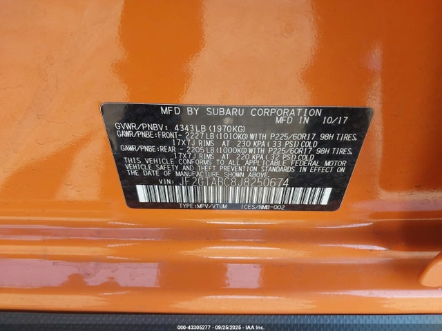 Subaru naturally aspirated 2018 JF2GTABC8J8250674 Image 9