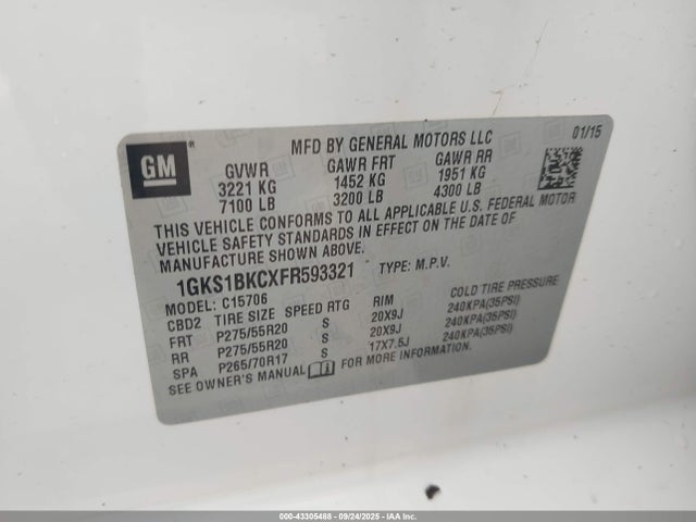 1GKS1BKCXFR593321 GMC l83 - vvt, active fuel management, aluminum
