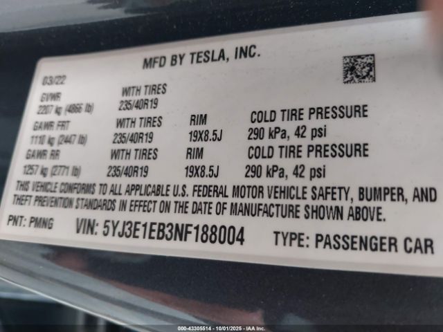 2022 TESLA MODEL 3 5YJ3E1EB3NF188004 Photo 8