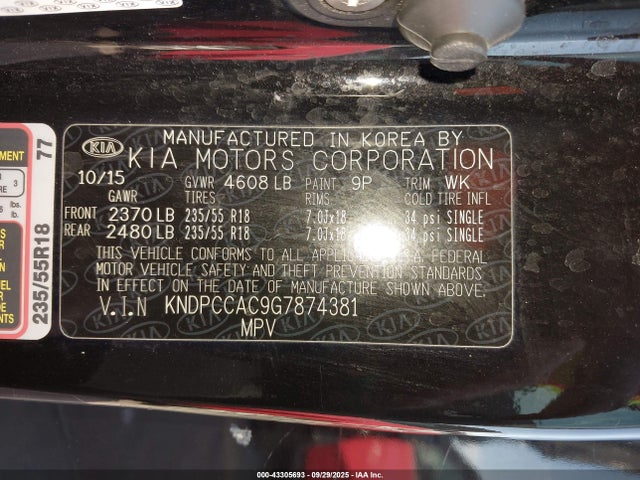 43305693 :رقم المزاد ، KNDPCCAC9G7874381 vin ، 2016 Kia Sportage Ex مزاد بيع
