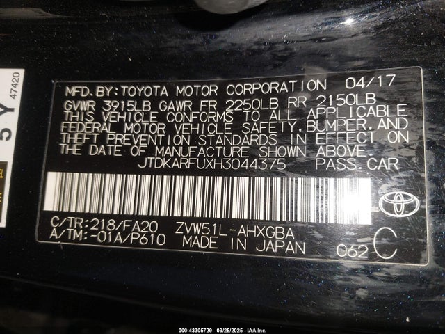 JTDKARFUXH3044375 Toyota 2zr-fxe,1nm