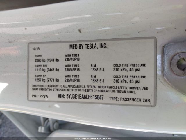 2020 TESLA MODEL 3 5YJ3E1EA6LF615647 Photo 8