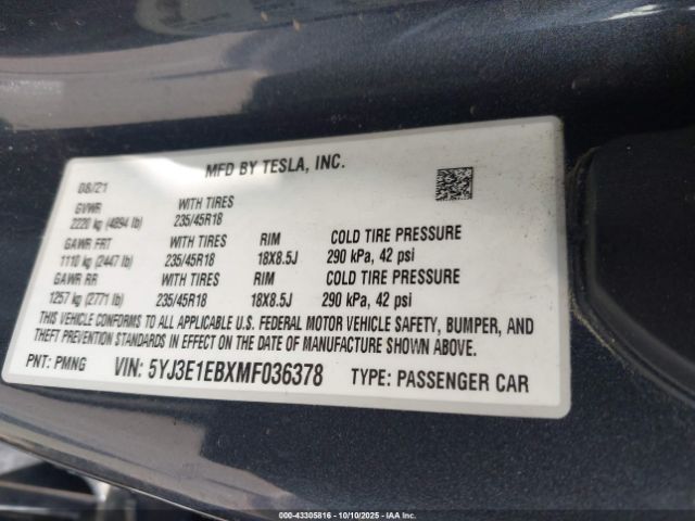 2021 TESLA MODEL 3 5YJ3E1EBXMF036378 Photo 8