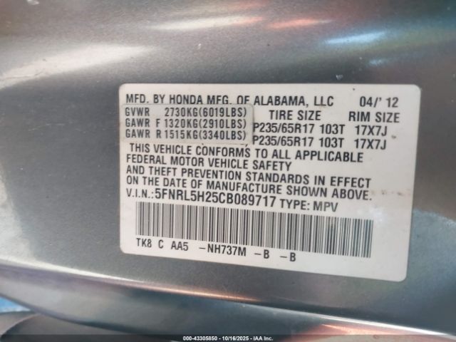 2012 HONDA ODYSSEY 5FNRL5H25CB089717 Photo 8