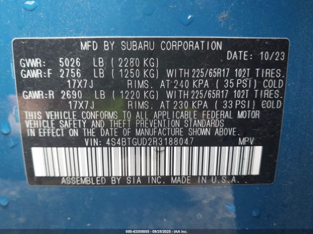 2024 SUBARU OUTBACK 4S4BTGUD2R3188047 Photo 8