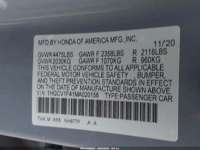2021 HONDA ACCORD 1HGCV1F41MA020158 Photo 8