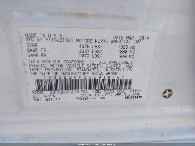 2010 MITSUBISHI GALANT 4A32B2FF2AE018107 Photo 8