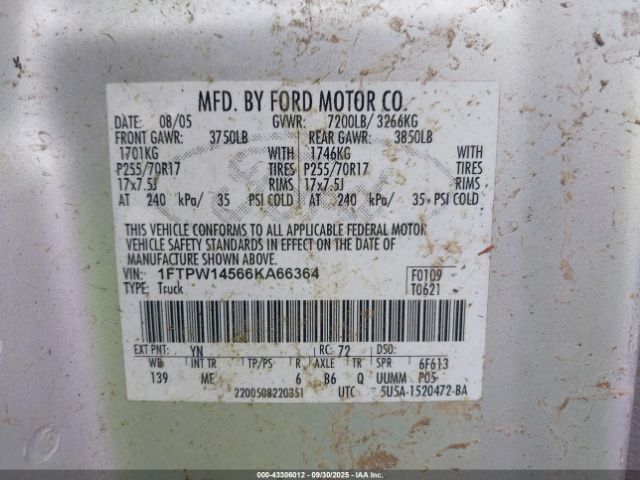 2006 FORD F-150 1FTPW14566KA66364 Photo 8