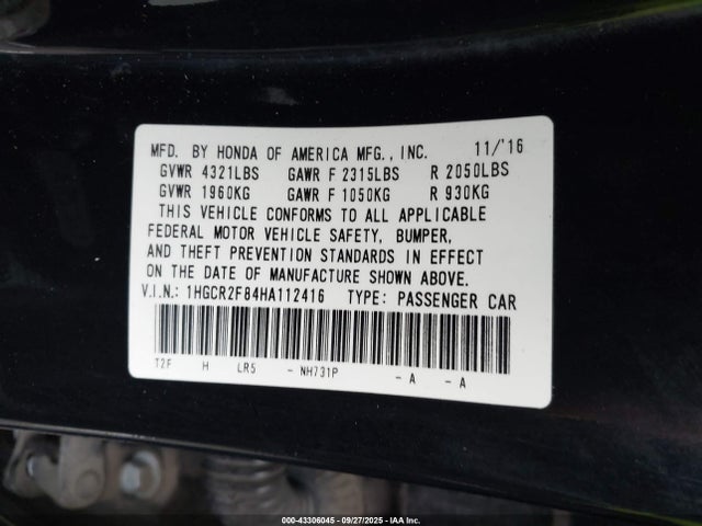 1HGCR2F84HA112416 Honda k24w1