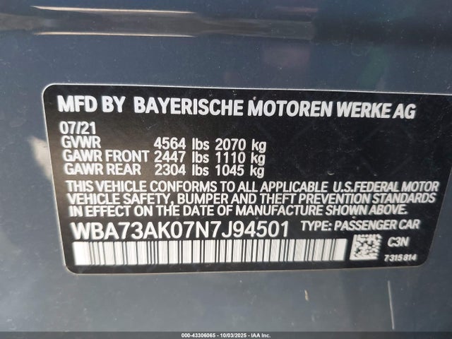 BMW 2022 2022 WBA73AK07N7J94501 Image 9